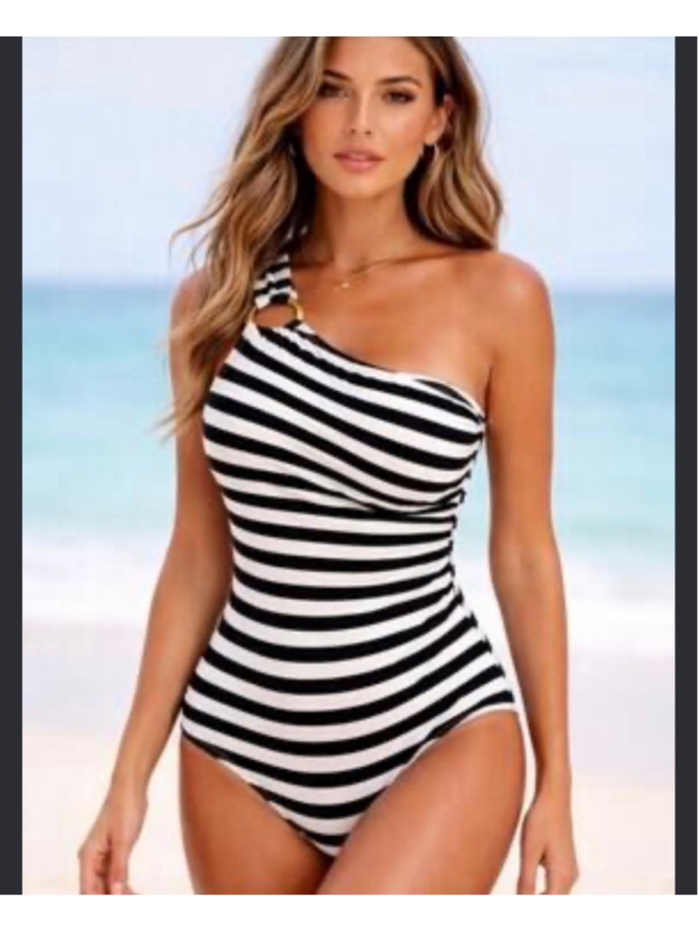 Michael Kors One Piece Swimsuit Size 10 Striped One Shoulder Gold Ring Logo